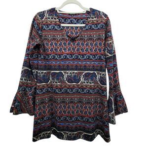 Yak & Yeti Elephant Floral Long Sleeve Bell Sleeve Tunic Top Size Small